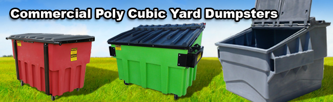 Industrial plastic cubic-yard waste dumpsters and receptacle trash bins